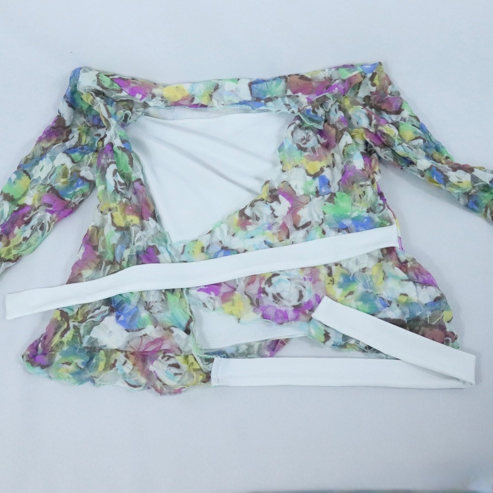 Y2K Andria Lieu Multicolor Pastel Watercolor Floral Lace Wrap Top Womens Sz XS - Picture 5 of 7
